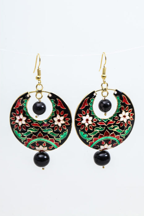 Earrings brass round decorated black