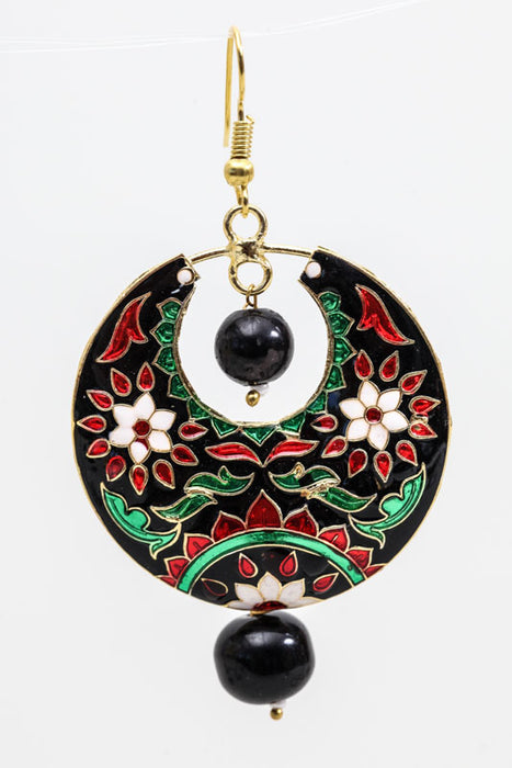 Earrings brass round decorated black