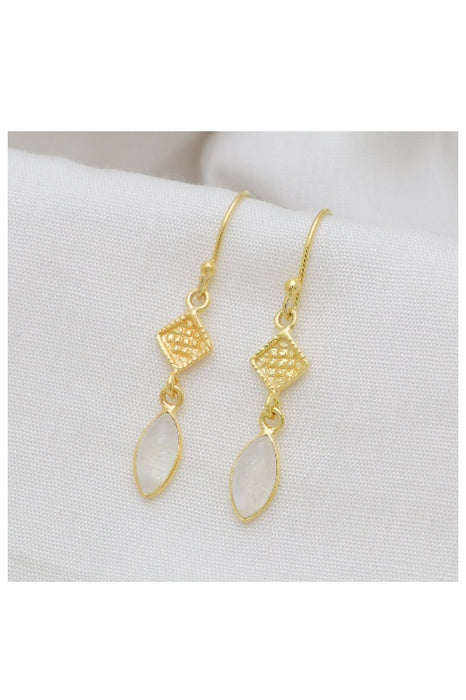 Earring brass gold plated moonstone 26 x 7 mm