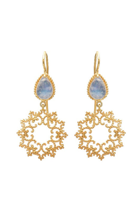 Earring brass gold plated moonstone 35 x 21 mm