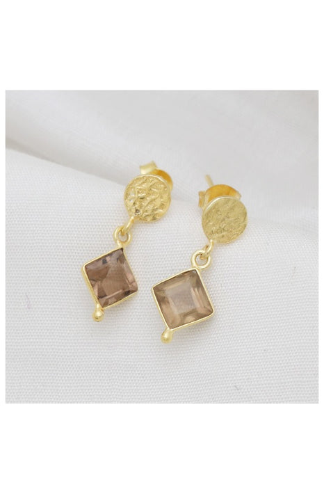 Earring brass gold plated smoky quartz 24 x 9 mm