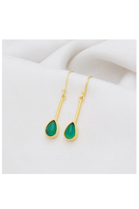 Earring brass gold plated green onyx 25 x 7 mm