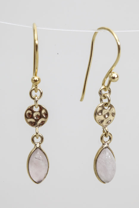 Earring brass gold plated rose quartz 25 x 6 mm