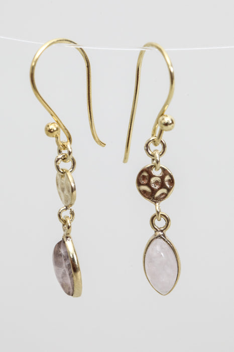 Earring brass gold plated rose quartz 25 x 6 mm