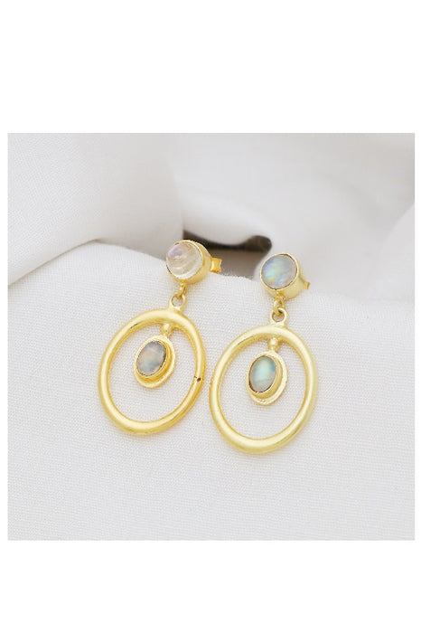 Earring brass gold plated moonstone 32 x 17 mm