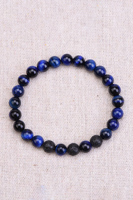 Men's bracelet 8mm blue tiger eye, lava stone, 21cm