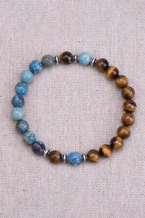 Men's bracelet 8mm brown tiger eye, blue calsilica jasper, 21cm