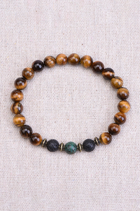 Herrenarmband 8mm braunes Tigerauge, Lavastein, afrikanischer Türkis, 21cm