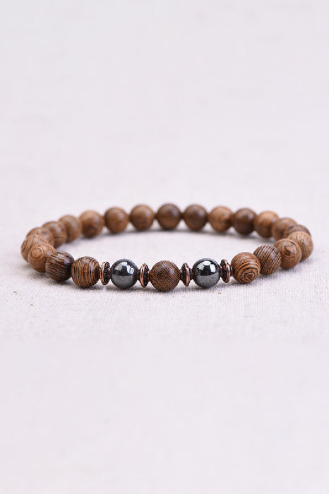 Bracelet homme 8mm bois wengé, hématite, 21cm