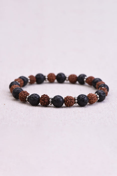 Men's bracelet 8mm lava stone, Rudraksha, 21cm