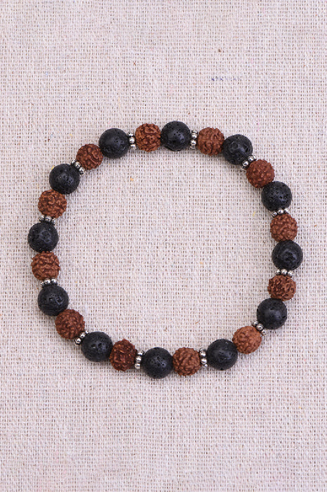 Men's bracelet 8mm lava stone, Rudraksha, 21cm