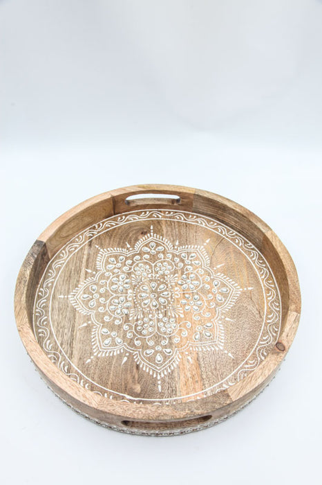 Plateau de service rond en bois de manguier peint 35 x 5,5 cm