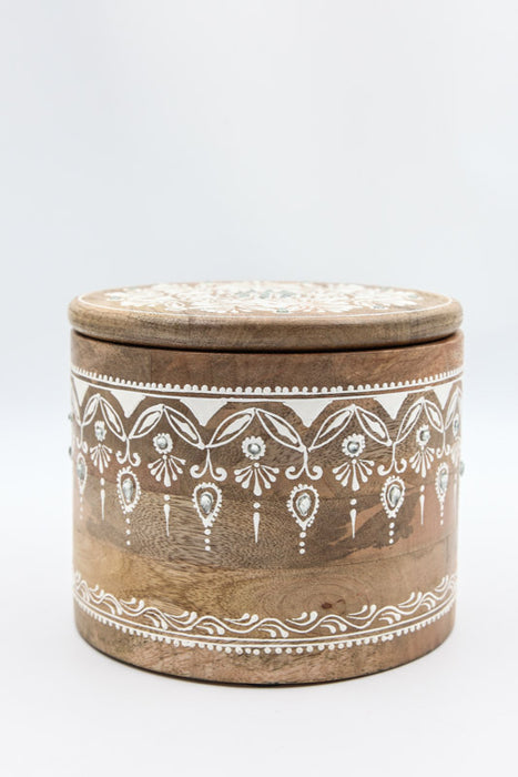 Decorative box with lid round mango wood painted 17.5 x 13 cm