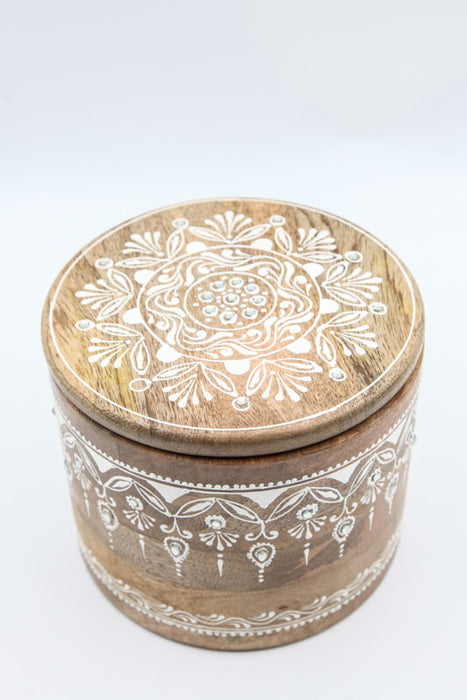 Decorative box with lid round mango wood painted 17.5 x 13 cm