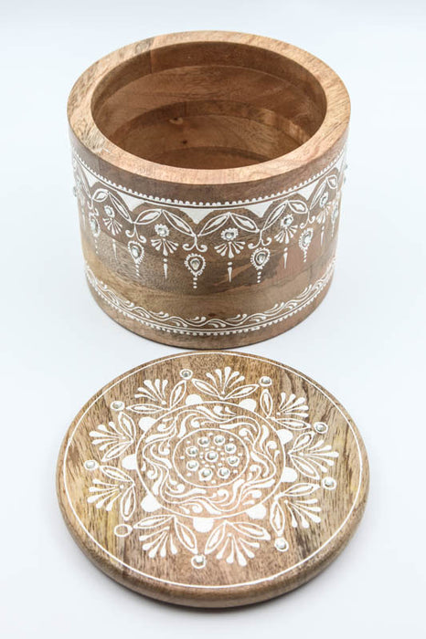 Decorative box with lid round mango wood painted 17.5 x 13 cm