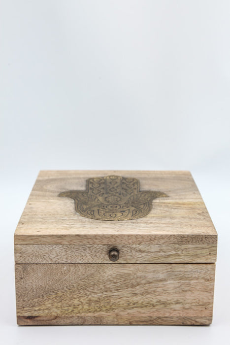 Coffret bois de manguier laiton hamsa 20 x 20 x 10 cm