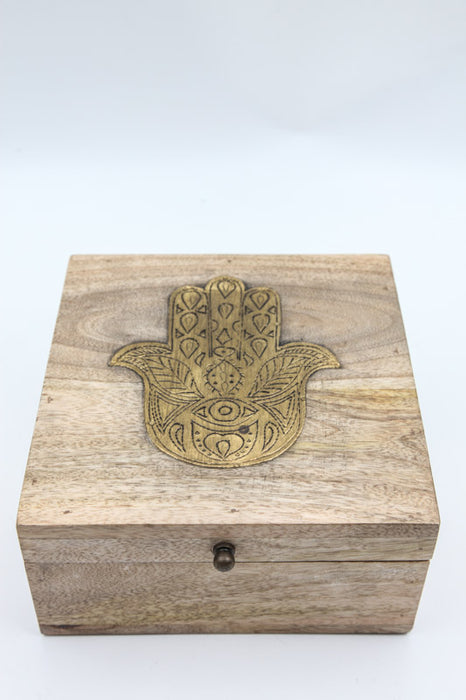 Coffret bois de manguier laiton hamsa 20 x 20 x 10 cm