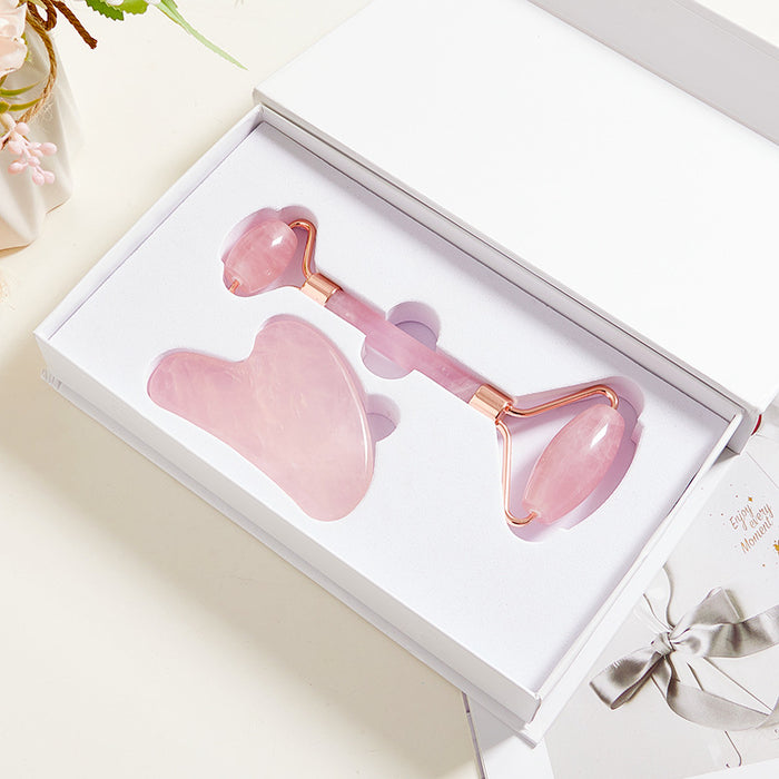 Rouleau facial en quartz rose avec pierre Gua Sha