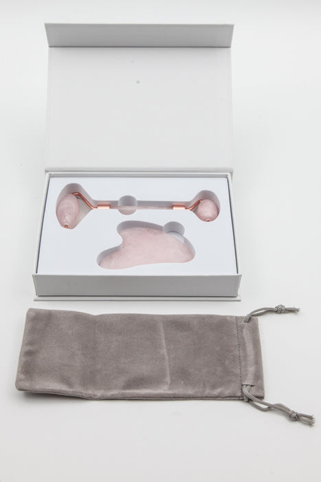 Rouleau facial en quartz rose avec pierre Gua Sha