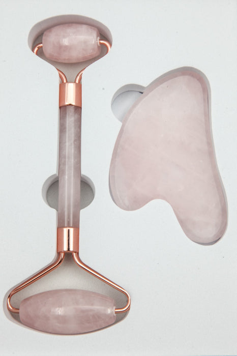 Rouleau facial en quartz rose avec pierre Gua Sha