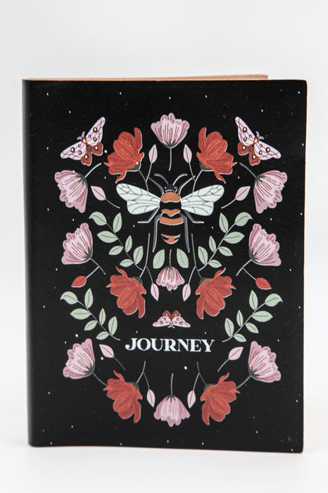 Notebook leather recycled paper "JOURNEY" bee with flowers 17.5 x 12.5 cm