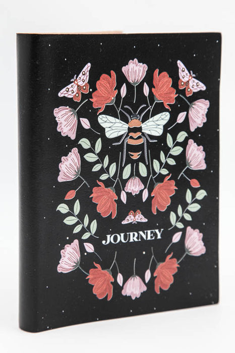 Notebook leather recycled paper "JOURNEY" bee with flowers 17.5 x 12.5 cm