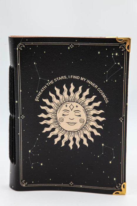 Notebook leather recycled paper "BENETH THE STARS, I FIND MY INNER COSMOS" sun face 17.5 x 12.5 cm