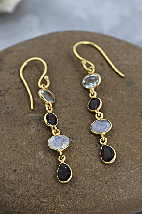 Earrings brass gold plated blue topaz, garnet, moonstone, rose quartz