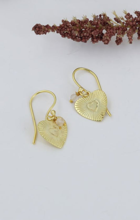 Earrings brass gold plated heart rose quartz