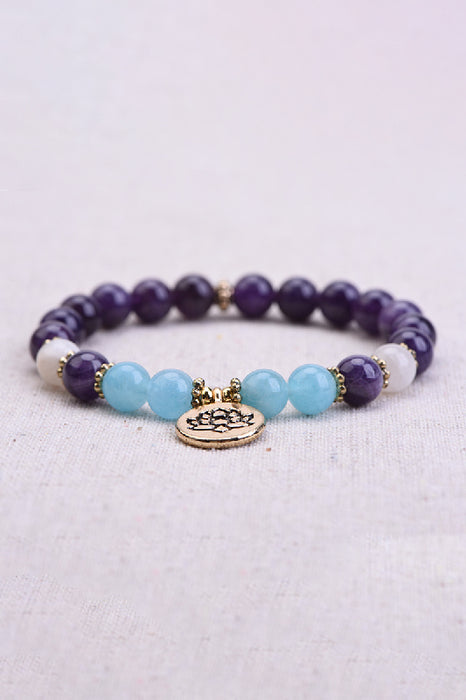 Armband 8mm Amethyst / Regenbogen Mondstein / blaue Jade mit Anhänger Lotusblume, 19 cm