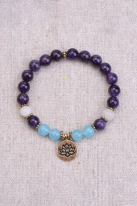 Armband 8mm Amethyst / Regenbogen Mondstein / blaue Jade mit Anhänger Lotusblume, 19 cm