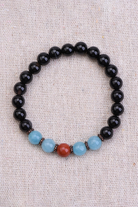 Armband 8mm schwarzer Onyx / blaue Jade / roter Jaspis, 19 cm