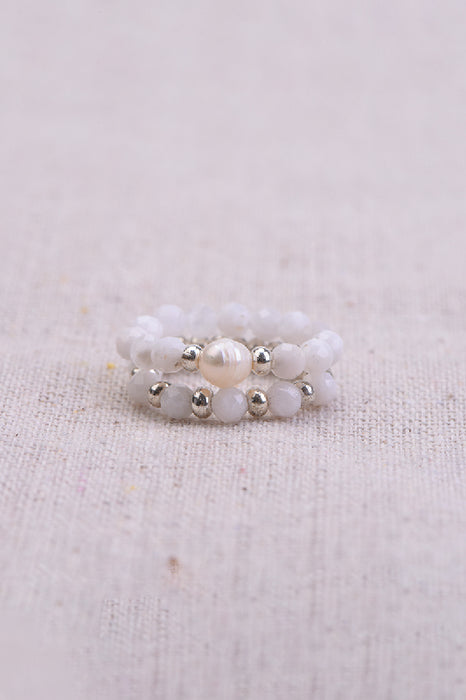 Ring elastic faceted moonstone / freshwater pearl