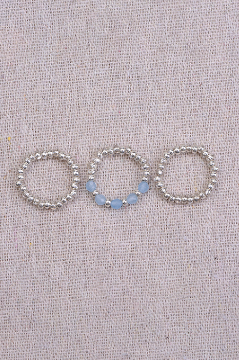 Ring set of 3 faceted aquamarine / glass beads