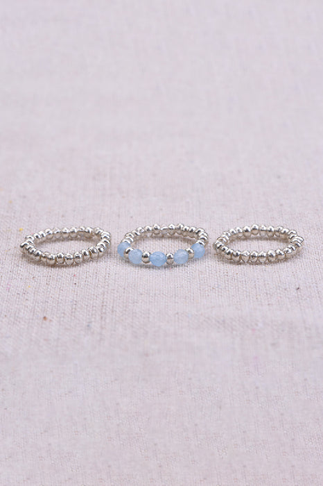 Ring set of 3 faceted aquamarine / glass beads