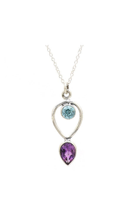 Silver necklace with apatite and amethyst pendant