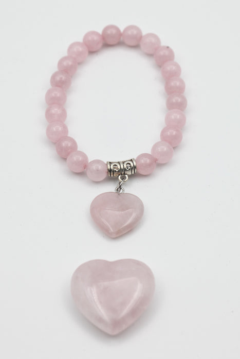 Rose quartz bracelet with heart lucky stone in a set