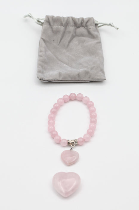 Rose quartz bracelet with heart lucky stone in a set