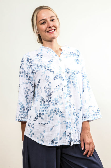 Blouse coton blanc branches bleues - taille unique