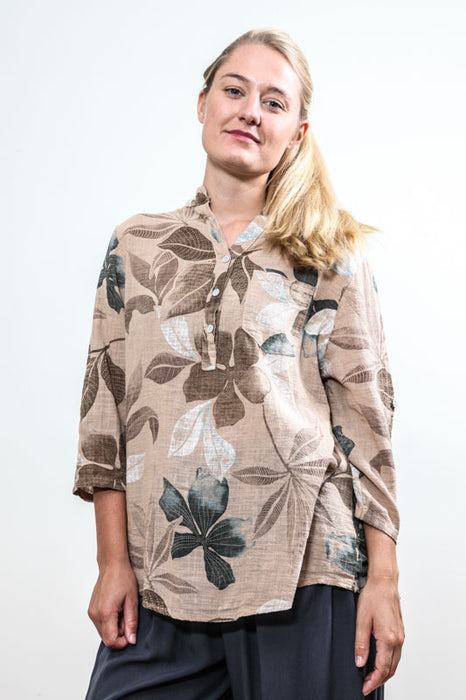 Blouse coton camel grandes feuilles - Taille Unique