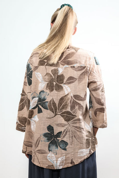 Blouse coton camel grandes feuilles - Taille Unique