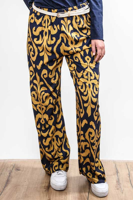 Pantalon viscose bleu foncé à motifs jaune moutarde - taille unique