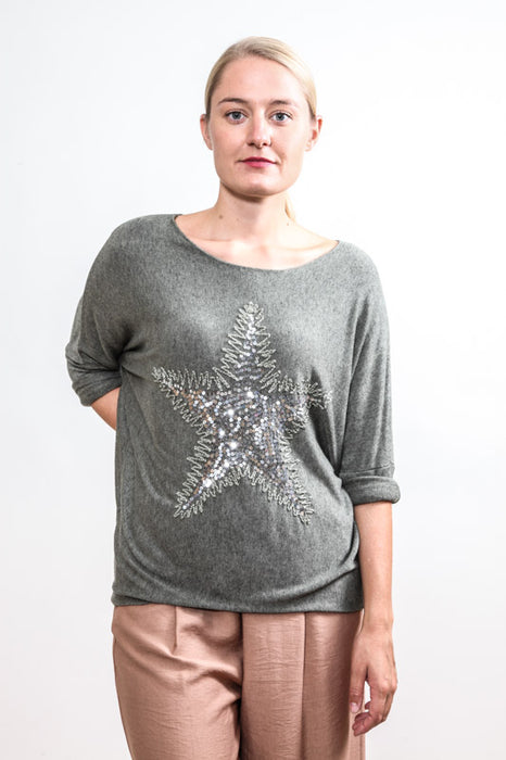 Knitted sweater long sleeve with star khaki - One Size