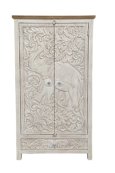 Almirah Cabinet Mango Wood Elephant Carved with 2 Doors and 1 Drawer 98 x 40 x 185 cm