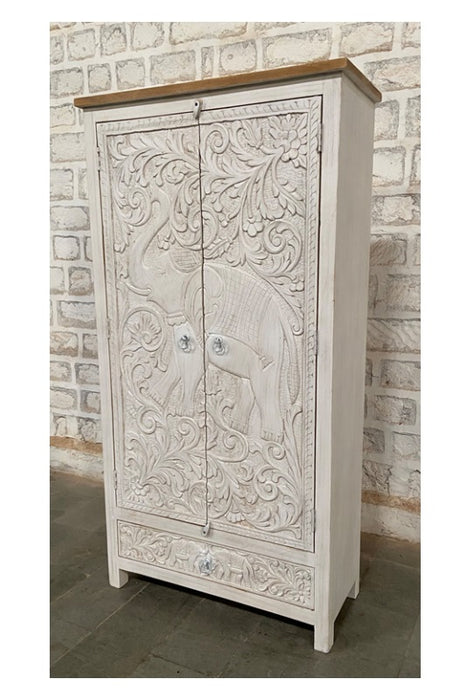 Almirah Cabinet Mango Wood Elephant Carved with 2 Doors and 1 Drawer 98 x 40 x 185 cm