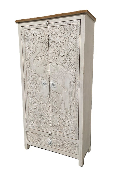 Almirah Cabinet Mango Wood Elephant Carved with 2 Doors and 1 Drawer 98 x 40 x 185 cm