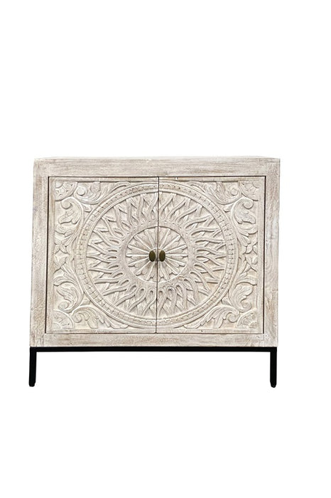 Chest of drawers mango wood mandala carved with 2 doors 90 x 40 x 90 cm