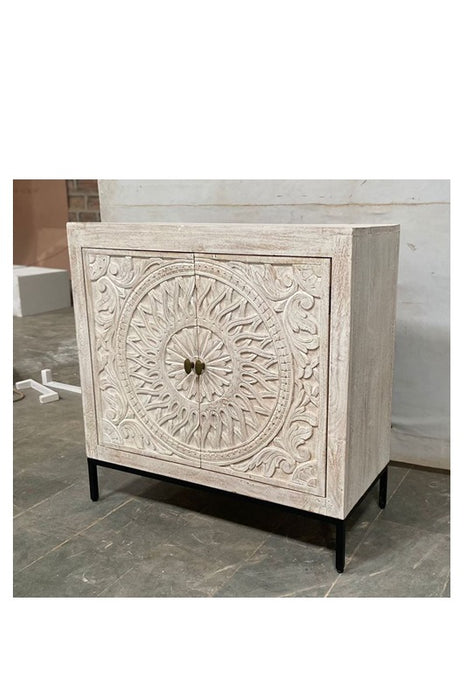 Chest of drawers mango wood mandala carved with 2 doors 90 x 40 x 90 cm