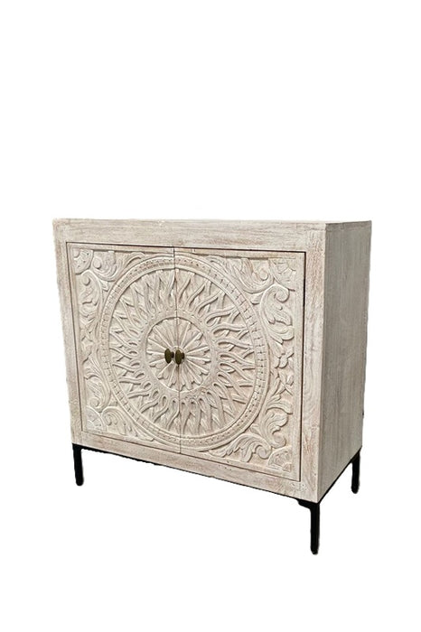 Chest of drawers mango wood mandala carved with 2 doors 90 x 40 x 90 cm