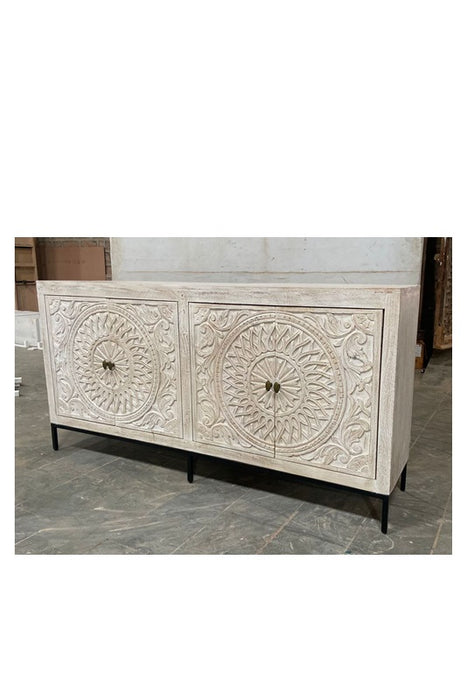 Buffet en bois de manguier sculpté mandala avec 4 portes 180 x 40 x 90 cm